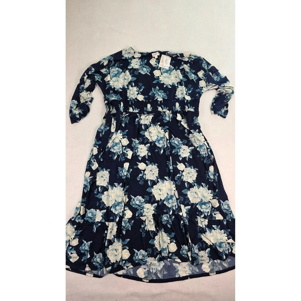 LuLaRoe Women 3XL Evelyn Dress Navy Blue Floral Smocked Waist Tiered Midi NEW - Picture 3 of 9